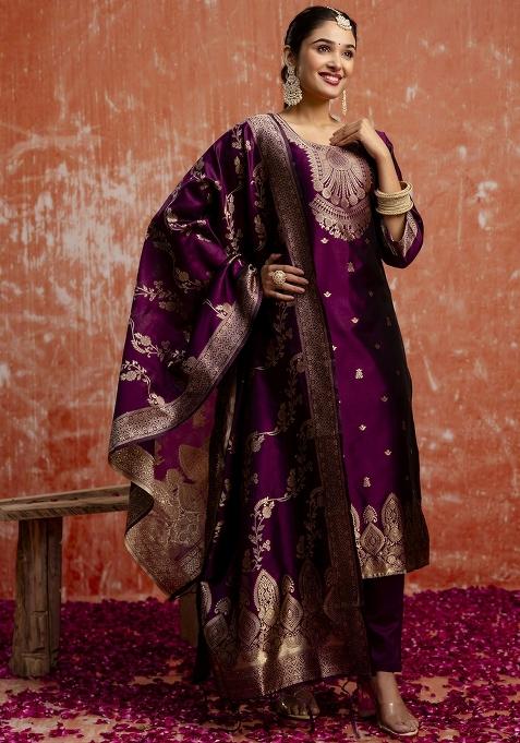 Wine Embroidered Cotton Silk Blend Kurta Set With Dupatta