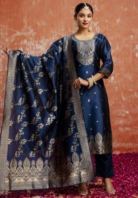 Navy Blue Embroidered Cotton Silk Blend Kurta Set With Dupatta