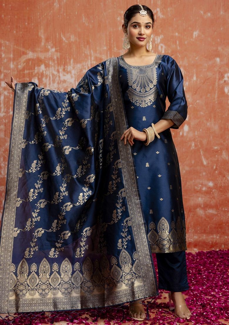 Navy Blue Embroidered Cotton Silk Blend Kurta Set With Dupatta - Indya