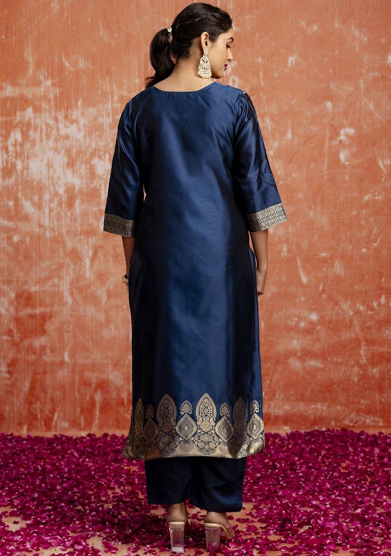 Navy Blue Embroidered Cotton Silk Blend Kurta Set With Dupatta - Indya
