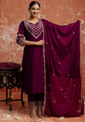 Wine Embroidered Viscose Rayon Kurta Set With Dupatta