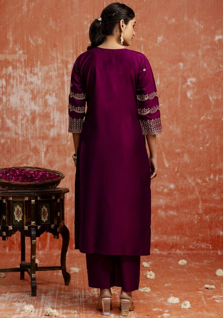 Wine Embroidered Viscose Rayon Kurta Set With Dupatta - Indya