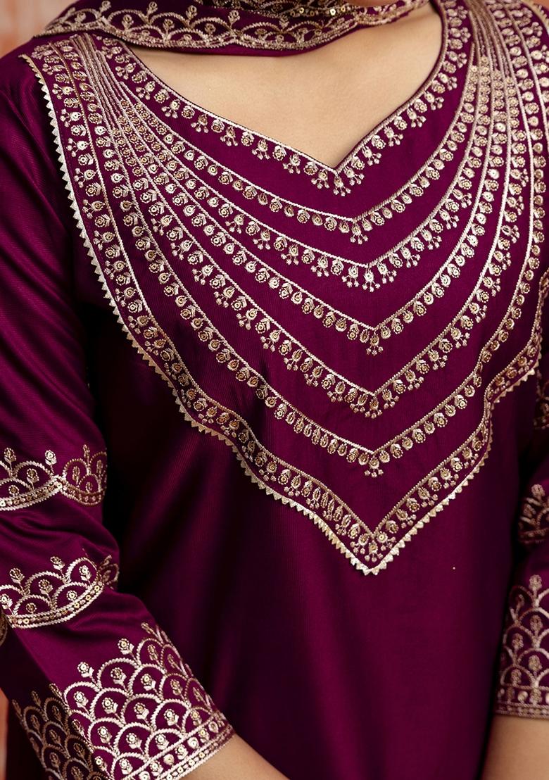 Wine Embroidered Viscose Rayon Kurta Set With Dupatta - Indya