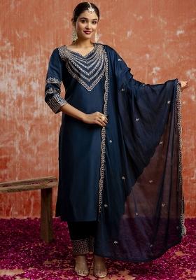 Navy Blue Embroidered Viscose Rayon Kurta Set With Dupatta