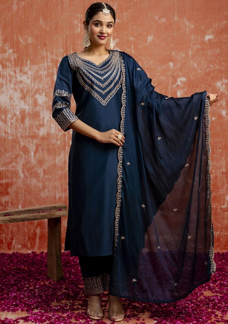 Navy Blue Embroidered Viscose Rayon Kurta Set With Dupatta - Indya