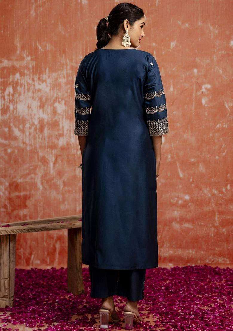 Navy Blue Embroidered Viscose Rayon Kurta Set With Dupatta - Indya