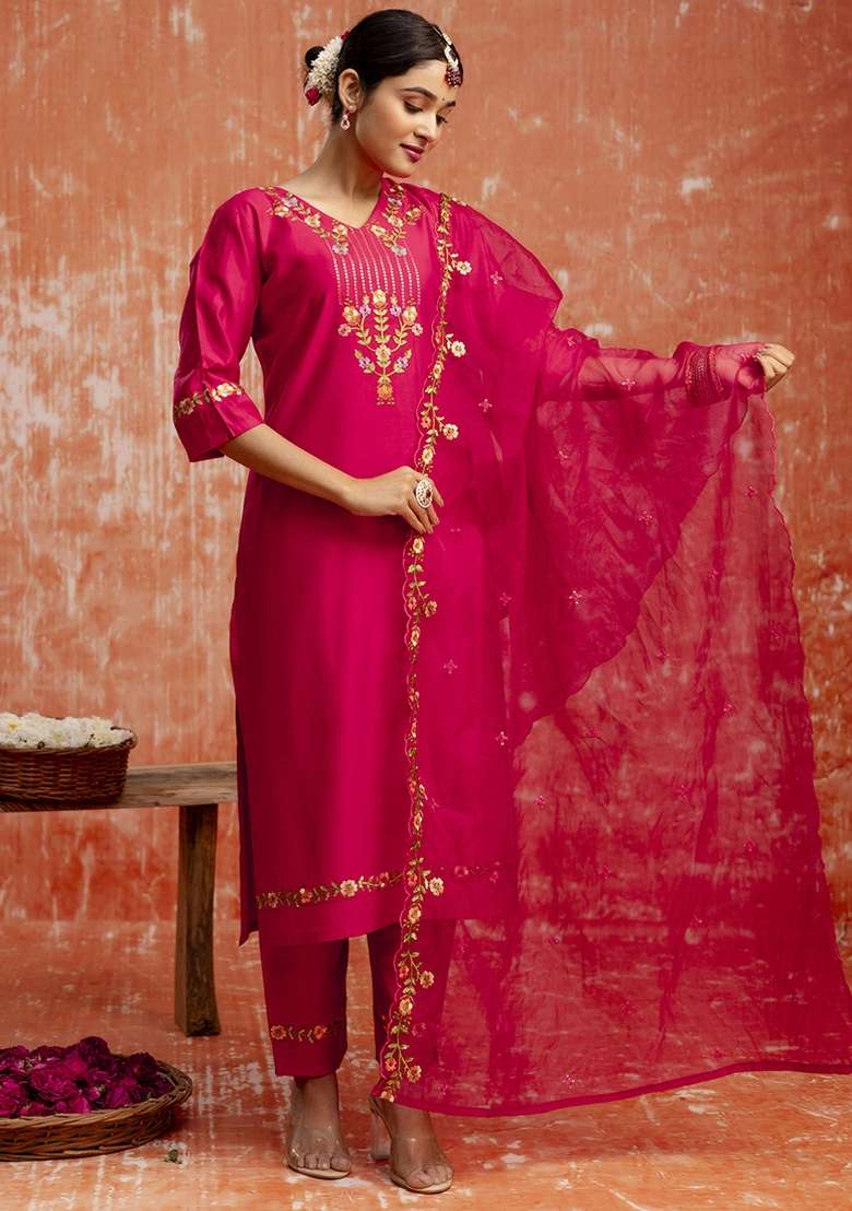 Red Embroidered Viscose Rayon Kurta Set With Dupatta - Indya