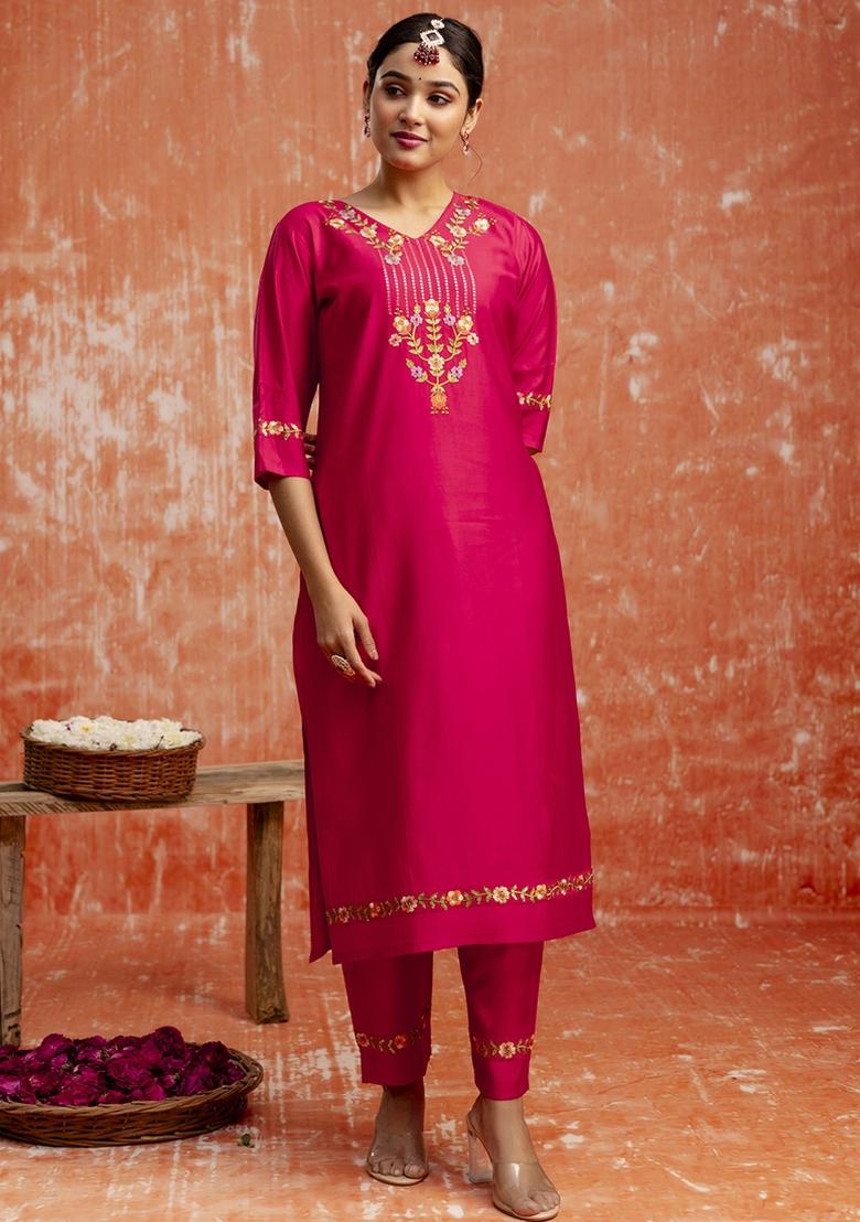 Red Embroidered Viscose Rayon Kurta Set With Dupatta - Indya