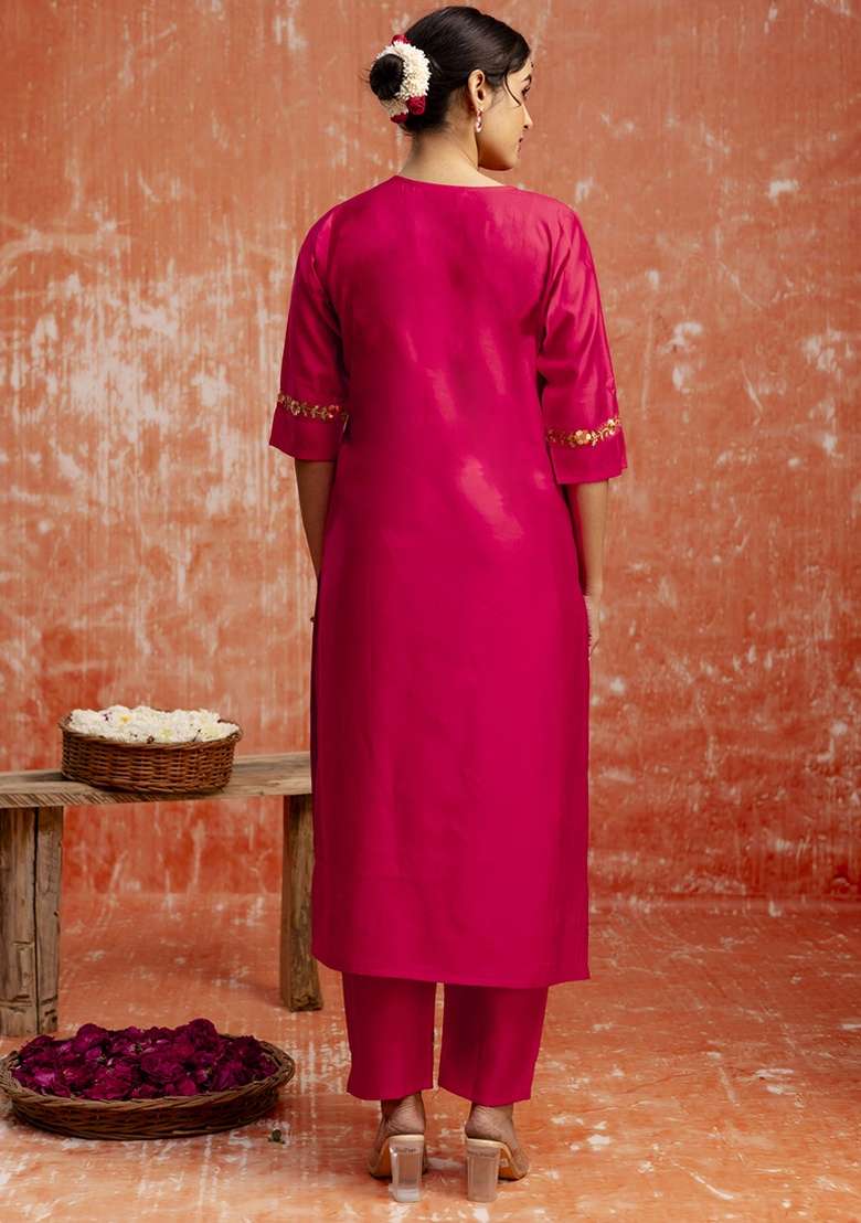 Red Embroidered Viscose Rayon Kurta Set With Dupatta - Indya