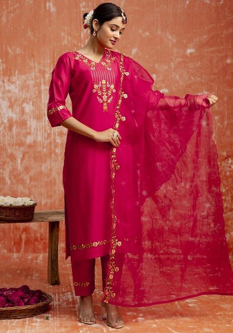 Red Embroidered Viscose Rayon Kurta Set With Dupatta