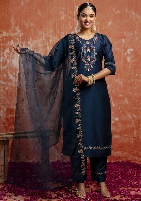 Navy Blue Embroidered Viscose Rayon Kurta Set With Dupatta