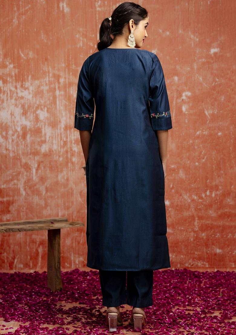 Navy Blue Embroidered Viscose Rayon Kurta Set With Dupatta - Indya