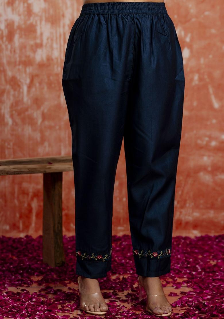 Navy Blue Embroidered Viscose Rayon Kurta Set With Dupatta - Indya