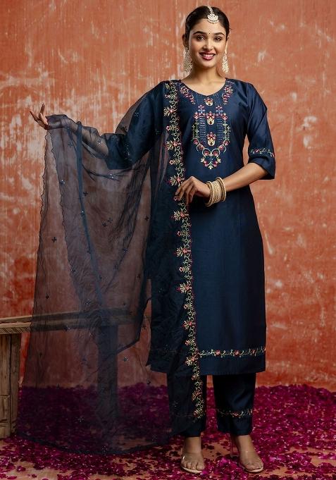Navy Blue Embroidered Viscose Rayon Kurta Set With Dupatta