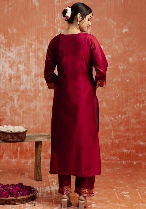 Red Embroidered Cotton Silk Blend Kurta Set With Dupatta