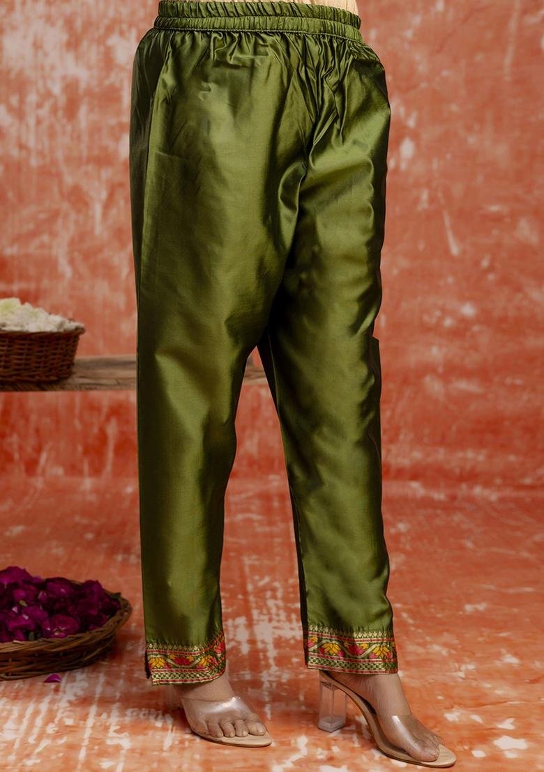 Mehendi Embroidered Cotton Silk Blend Kurta Set With Dupatta - Indya