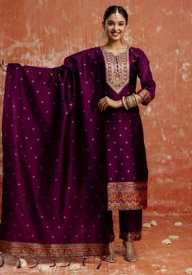 Wine Embroidered Cotton Silk Blend Kurta Set With Dupatta