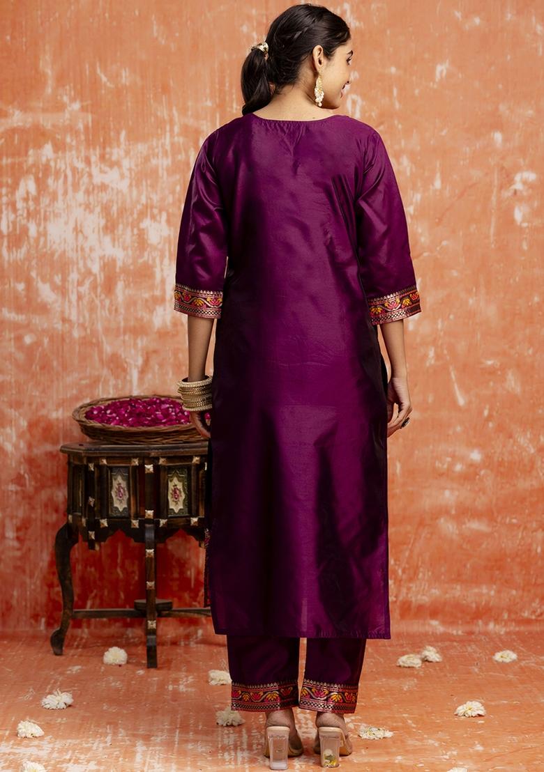 Wine Embroidered Cotton Silk Blend Kurta Set With Dupatta - Indya