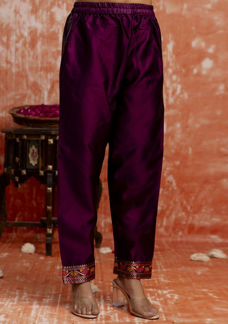 Wine Embroidered Cotton Silk Blend Kurta Set With Dupatta - Indya