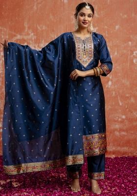 Navy Blue Embroidered Cotton Silk Blend Kurta Set With Dupatta