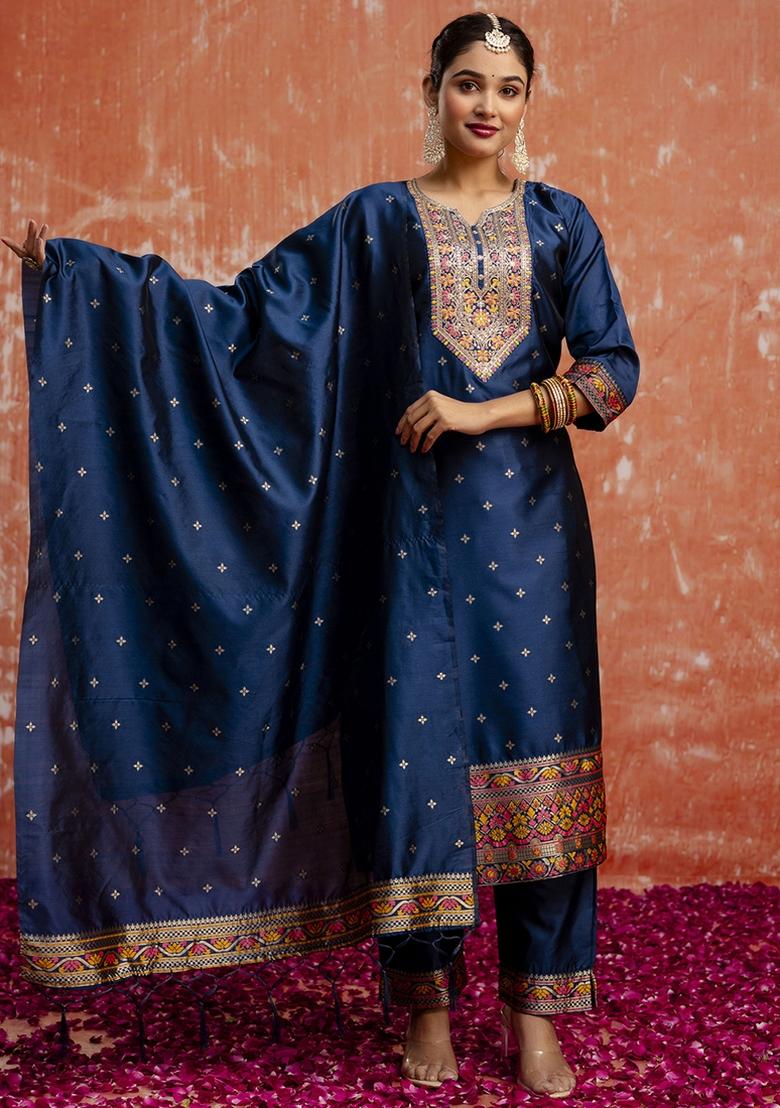 Navy Blue Embroidered Cotton Silk Blend Kurta Set With Dupatta