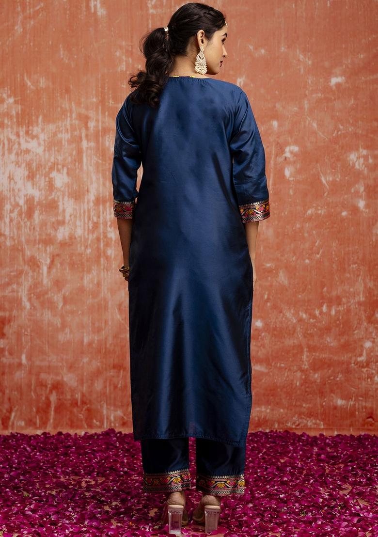 Navy Blue Embroidered Cotton Silk Blend Kurta Set With Dupatta