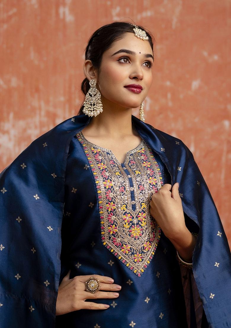 Navy Blue Embroidered Cotton Silk Blend Kurta Set With Dupatta