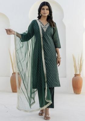 Dark Green Embroidered Chanderi Silk Kurta Set With Dupatta