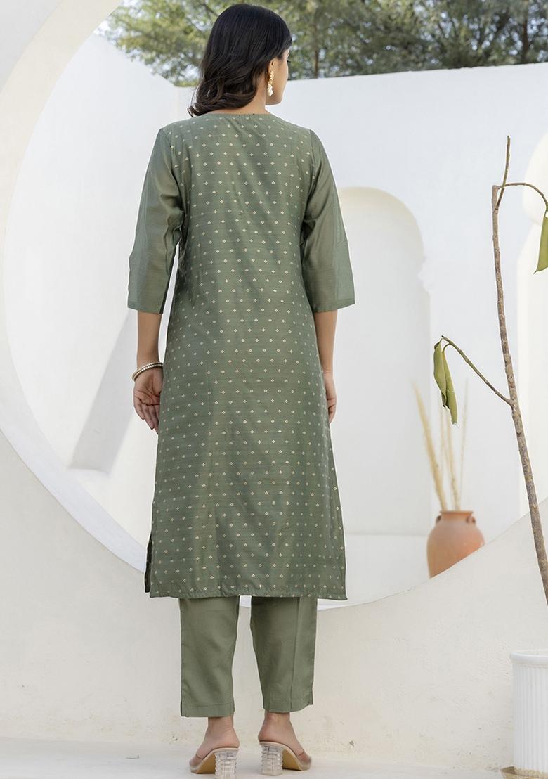 Mehendi Embroidered Chanderi Silk Kurta Set With Dupatta - Indya