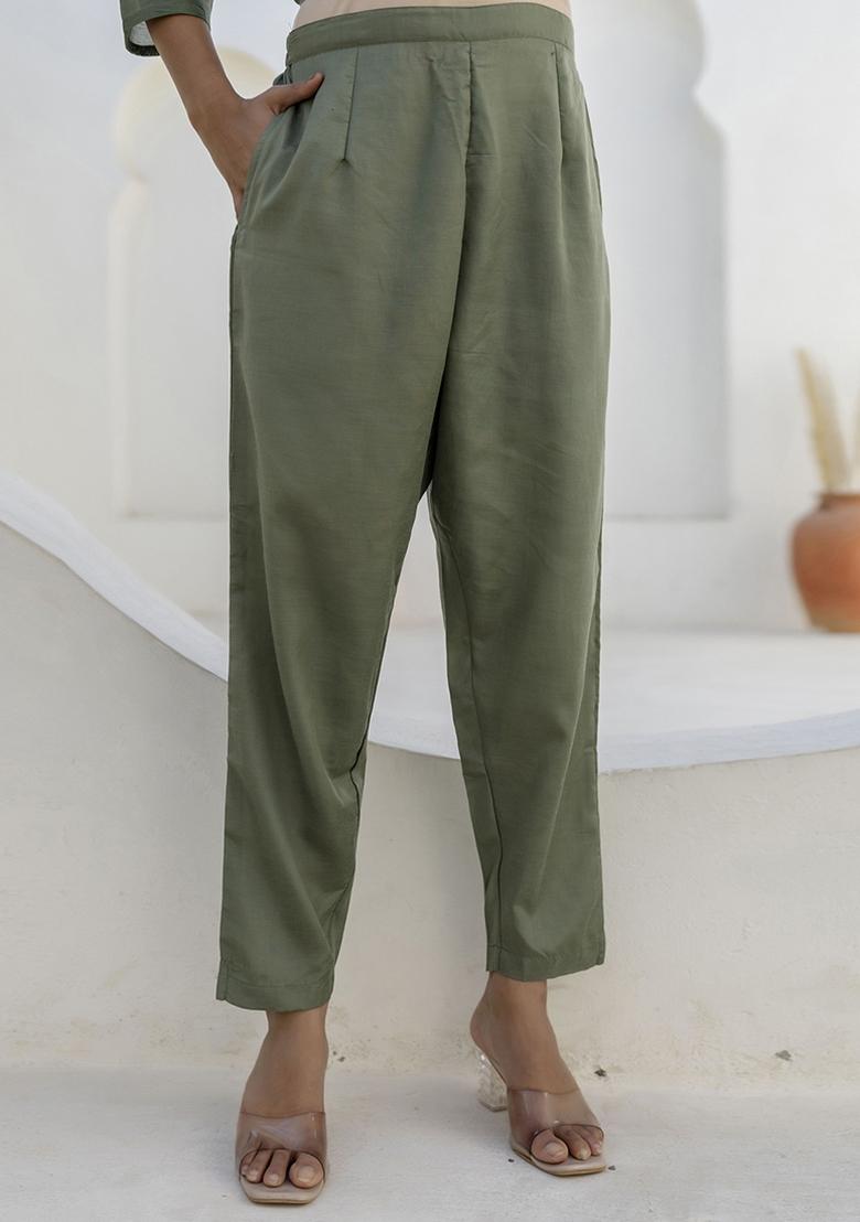 Mehendi Embroidered Chanderi Silk Kurta Set With Dupatta - Indya