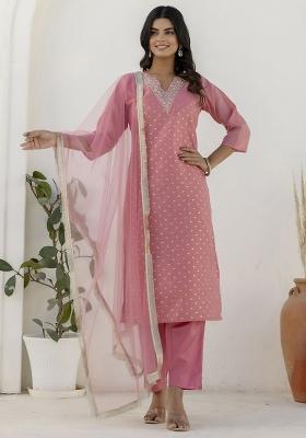 Pink Embroidered Chanderi Silk Kurta Set With Dupatta