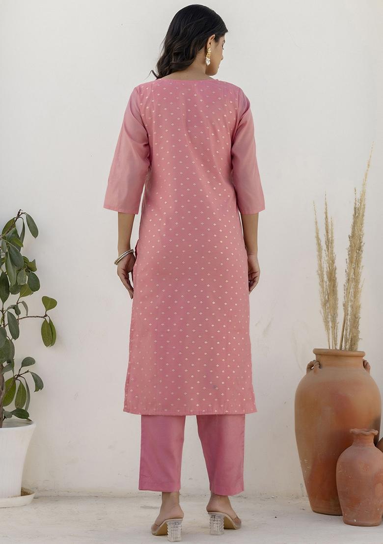 Pink Embroidered Chanderi Silk Kurta Set With Dupatta - Indya