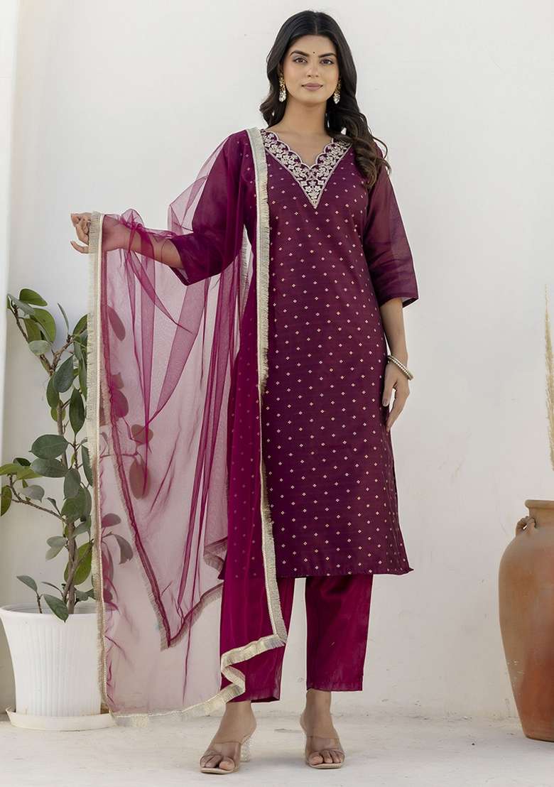 Wine Embroidered Chanderi Silk Kurta Set With Dupatta - Indya