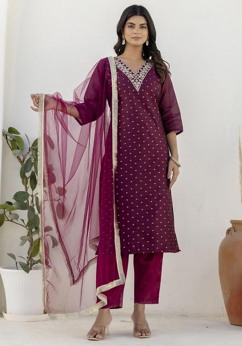 Wine Embroidered Chanderi Silk Kurta Set With Dupatta