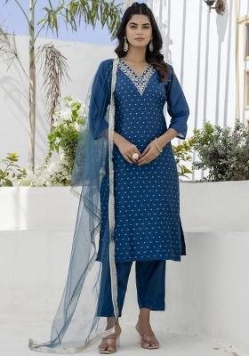Navy Blue Embroidered Chanderi Silk Kurta Set With Dupatta