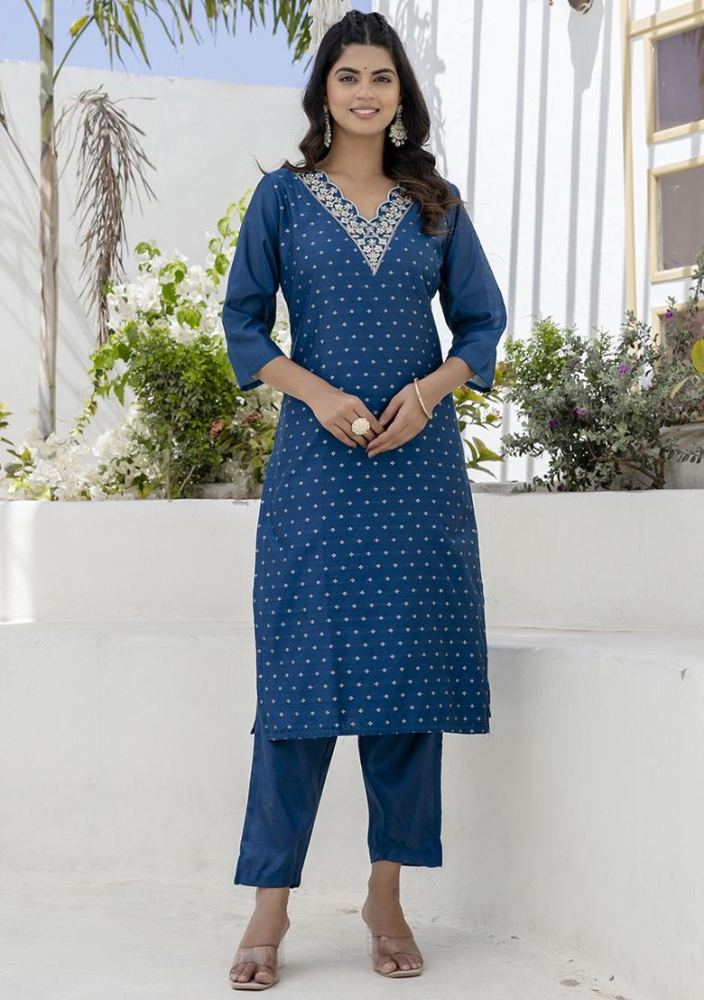Navy Blue Embroidered Chanderi Silk Kurta Set With Dupatta - Indya
