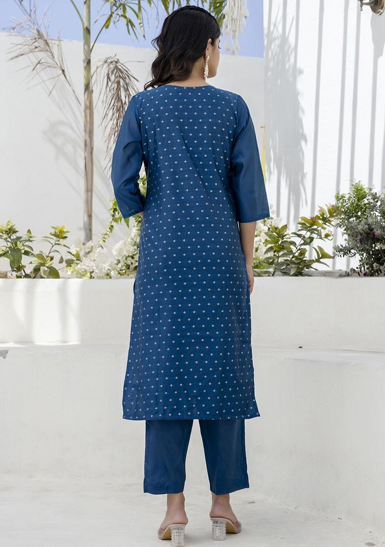 Navy Blue Embroidered Chanderi Silk Kurta Set With Dupatta - Indya