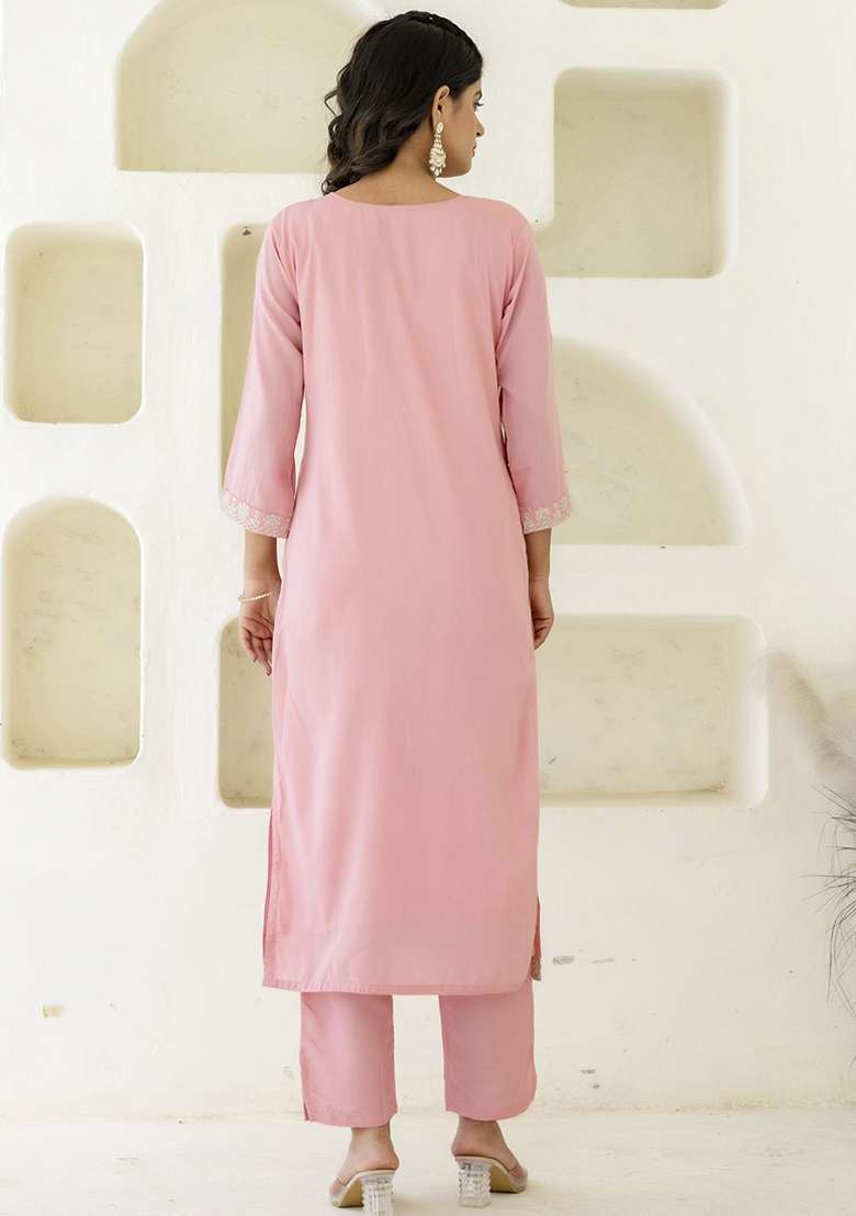 Pink Embroidered Silk Blend Kurta Set With Dupatta - Indya