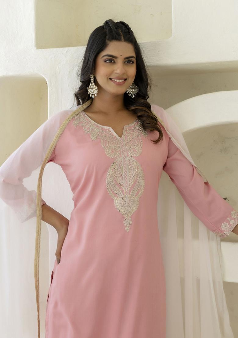 Pink Embroidered Silk Blend Kurta Set With Dupatta - Indya
