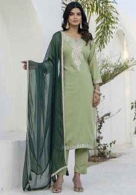 Pista Embroidered Silk Blend Kurta Set With Dupatta
