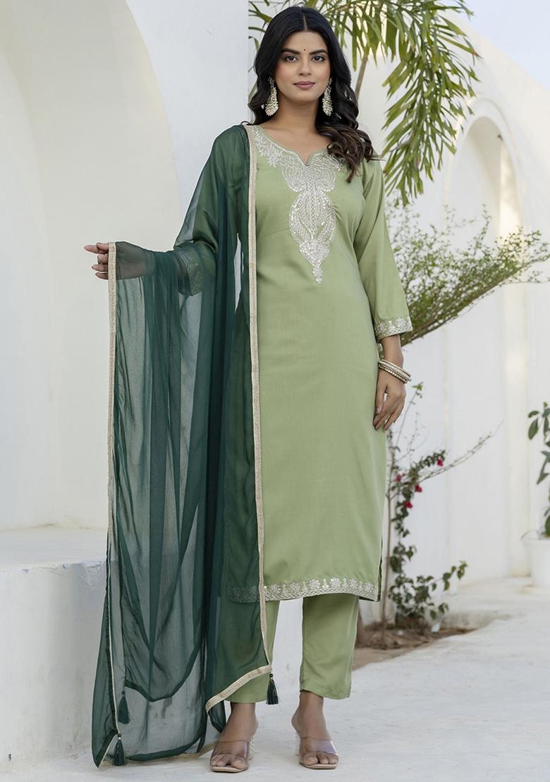 Pista Embroidered Silk Blend Kurta Set With Dupatta
