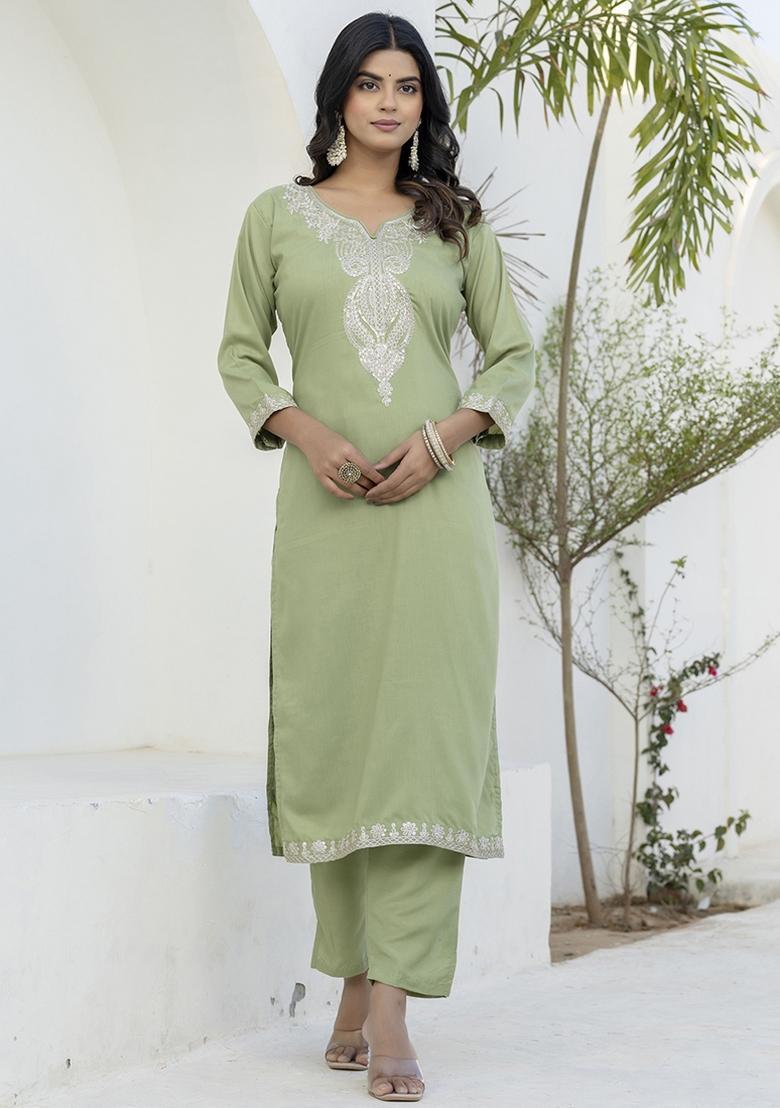 Pista Embroidered Silk Blend Kurta Set With Dupatta - Indya