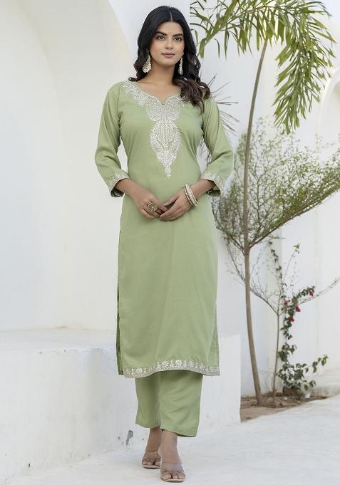 Pista Embroidered Silk Blend Kurta Set With Dupatta