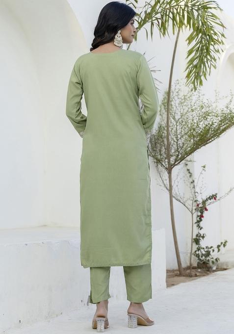 Pista Embroidered Silk Blend Kurta Set With Dupatta