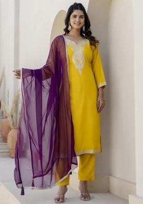 Yellow Embroidered Silk Blend Kurta Set With Dupatta