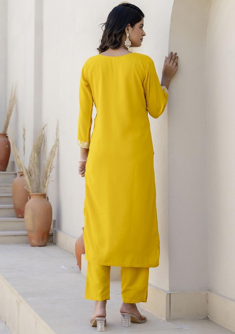 Yellow Embroidered Silk Blend Kurta Set With Dupatta - Indya