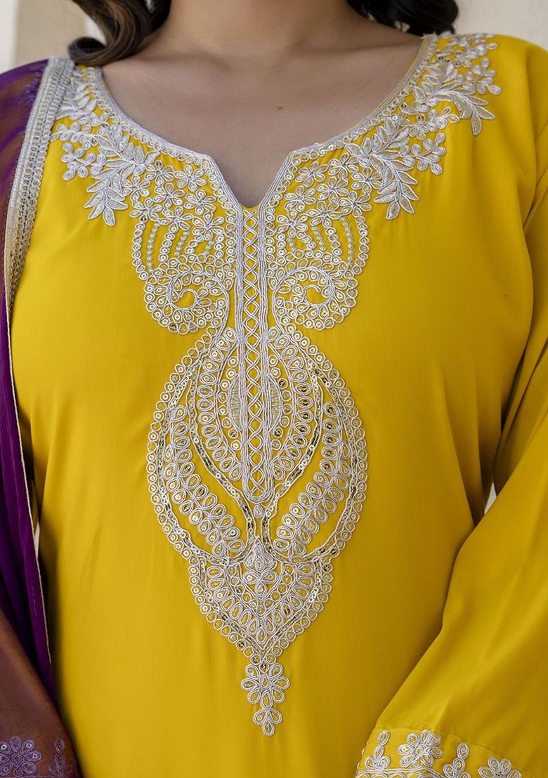 Yellow Embroidered Silk Blend Kurta Set With Dupatta - Indya