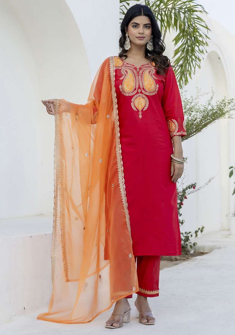 Red Embroidered Viscose Rayon Kurta Set With Dupatta - Indya