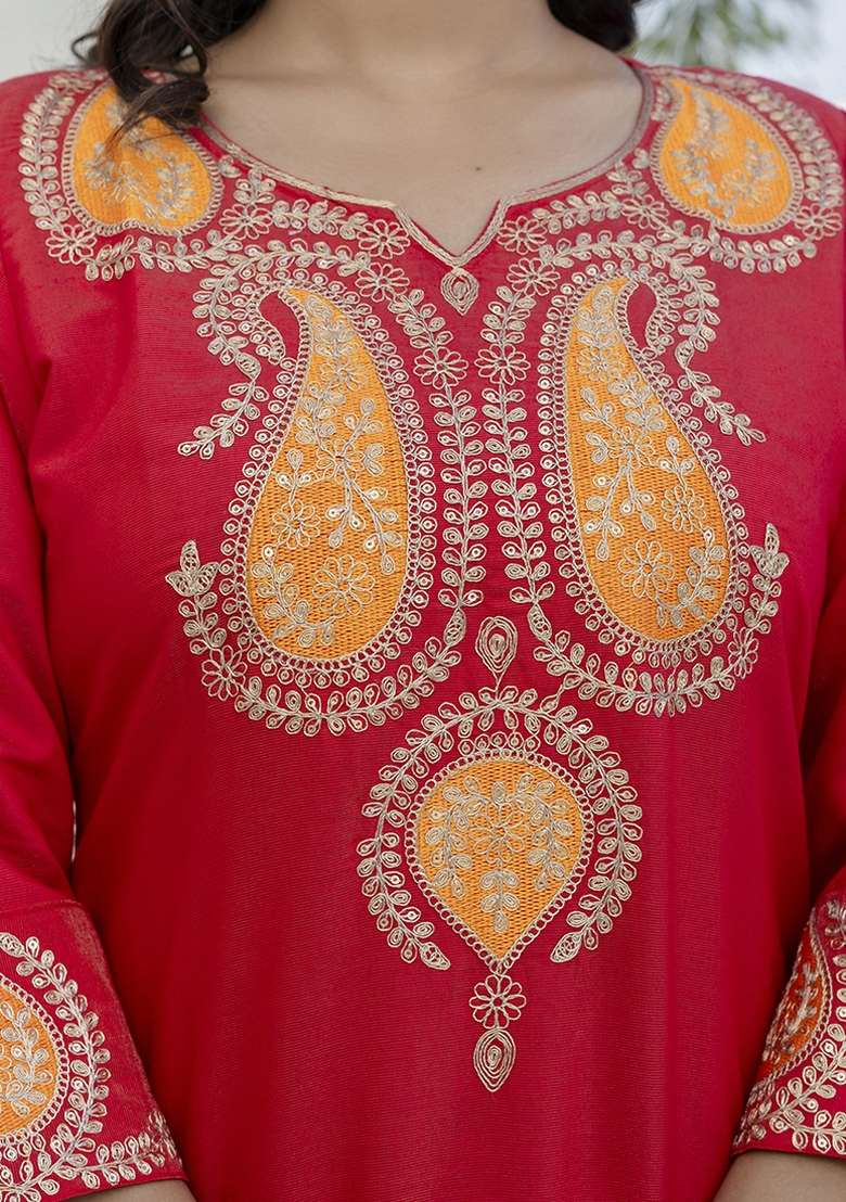 Red Embroidered Viscose Rayon Kurta Set With Dupatta - Indya