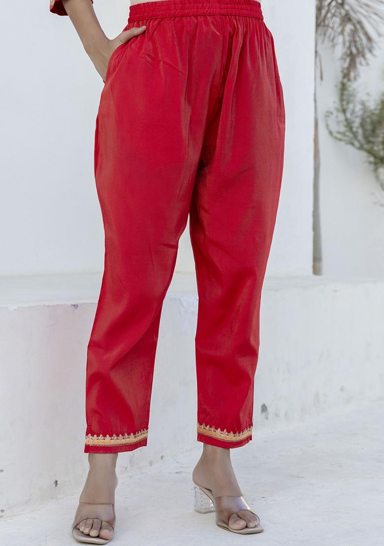 Red Embroidered Viscose Rayon Kurta Set With Dupatta - Indya